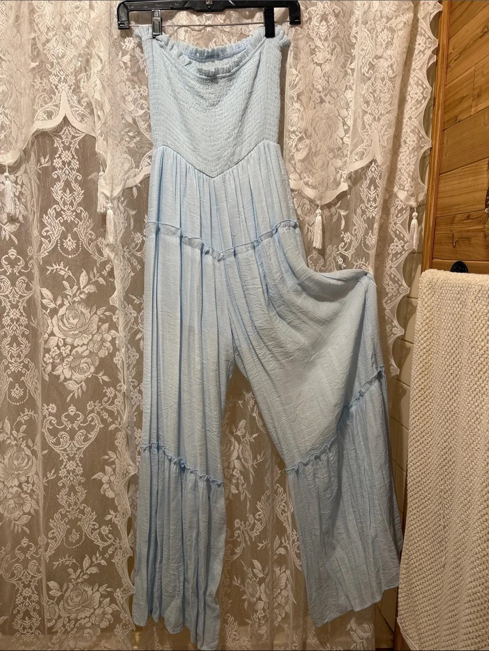 Discreet Light Blue Strapless Smocked Wide-Leg Jumpsuit - Picture 2 of 3